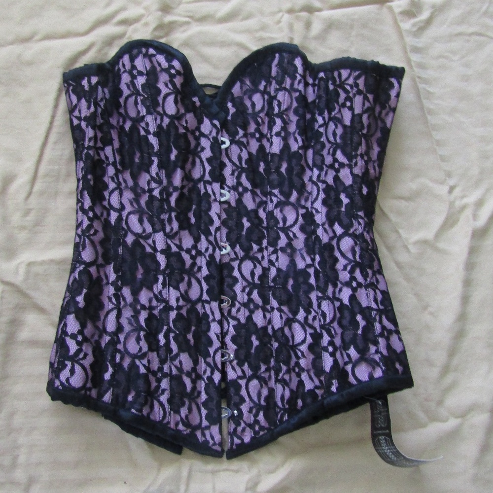 Pink Satin & Black Lace Steel Boned Corset